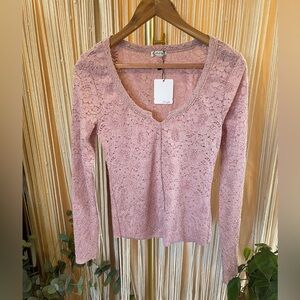 Free People Cloud Nine fitted pink floral lace long-sleeve blouse scoop neckline